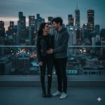 A couple stands on a rooftop with a vibrant city skyline in the background, her in a black leather jacket and boots, him in a hoodie and sneakers, with wind gently blowing their hair, captured in a moody yet modern aesthetic.