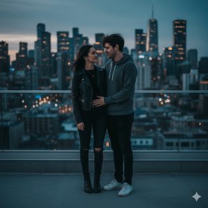 A couple stands on a rooftop with a vibrant city skyline in the background, her in a black leather jacket and boots, him in a hoodie and sneakers, with wind gently blowing their hair, captured in a moody yet modern aesthetic.