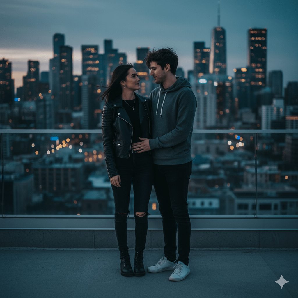 A couple stands on a rooftop with a vibrant city skyline in the background, her in a black leather jacket and boots, him in a hoodie and sneakers, with wind gently blowing their hair, captured in a moody yet modern aesthetic.