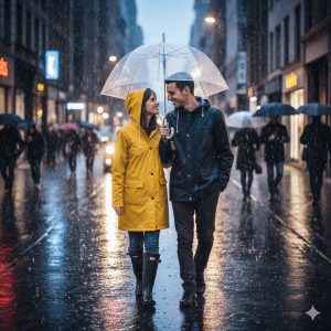 A couple strolls hand-in-hand under a transparent umbrella in the rain, with the woman wearing a bright yellow raincoat and the man in a navy jacket, reflections shimmering on wet city streets, capturing a soft cinematic mood.
