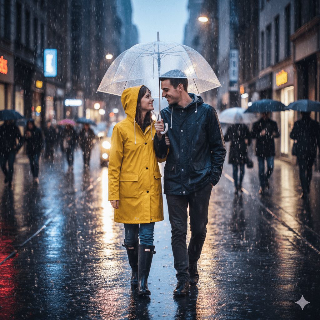 A couple strolls hand-in-hand under a transparent umbrella in the rain, with the woman wearing a bright yellow raincoat and the man in a navy jacket, reflections shimmering on wet city streets, capturing a soft cinematic mood.