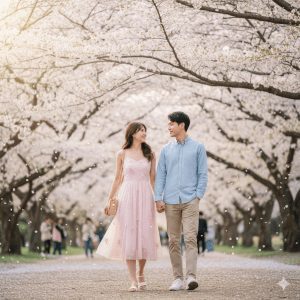 Romantic Couple in Spring Park with Cherry Blossoms