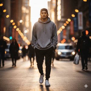 A young man in casual streetwear, featuring an oversized hoodie, jogger pants, and white sneakers, walks through a bustling urban street. His hair is styled naturally, and he wears a backward cap. The background showcases blurred city lights under soft golden hour lighting, captured in ultra-realistic 4K cinematic street photography style.