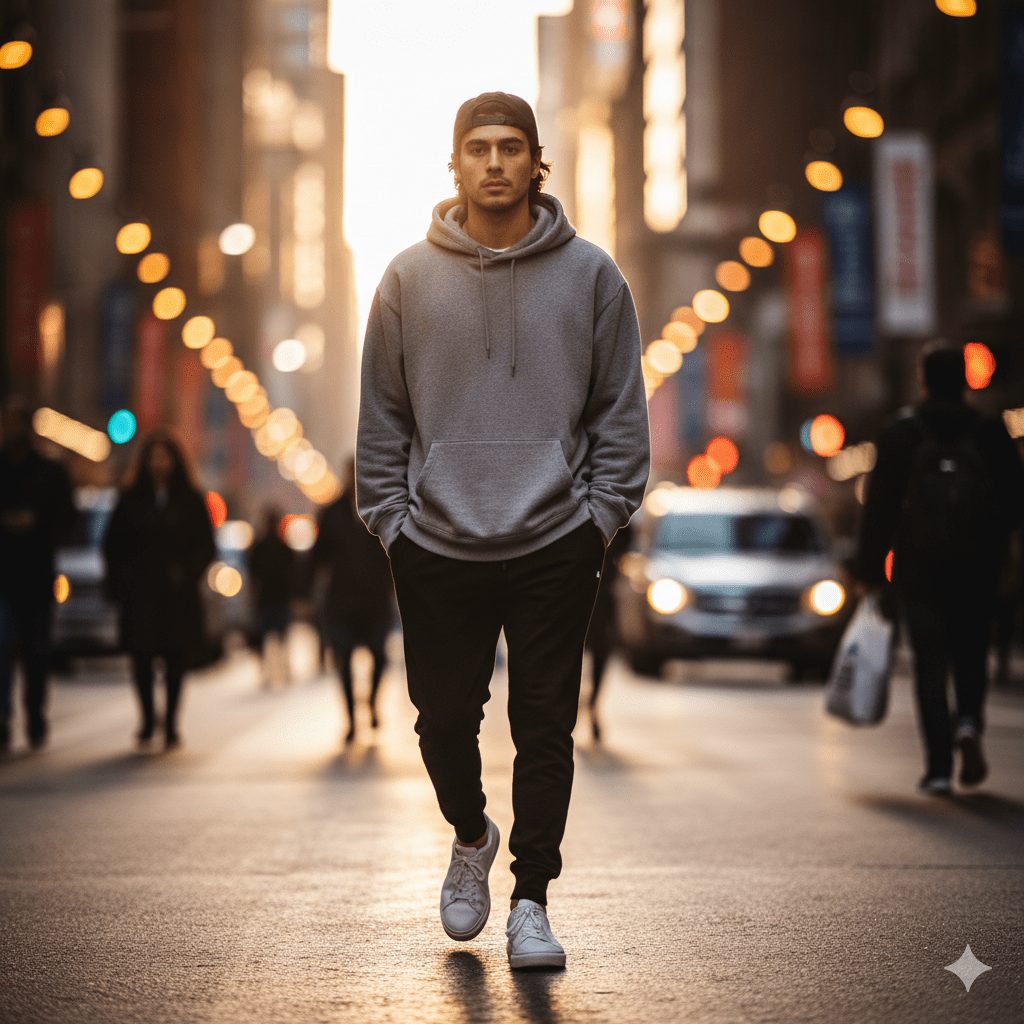 A young man in casual streetwear, featuring an oversized hoodie, jogger pants, and white sneakers, walks through a bustling urban street. His hair is styled naturally, and he wears a backward cap. The background showcases blurred city lights under soft golden hour lighting, captured in ultra-realistic 4K cinematic street photography style.