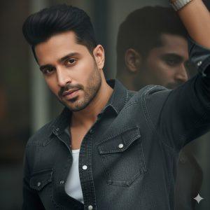 This cinematic close-up portrait features a stylish man slightly turned, gazing intensely at the camera. His right arm is raised, forming a strong diagonal, while a subtle reflection to the right reveals his profile. He wears a textured dark denim shirt, voluminous tousled hair, and light stubble. Captured at eye-level with an 85mm lens, shallow depth of field, and soft, moody front/side lighting, the image emphasizes strength, introspection, elegance, and stylish sophistication. Ideal for fashion, editorial, and high-resolution cinematic photography platforms.