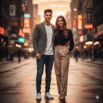 A stylish modern couple stands close together, facing the camera with warm, natural smiles. The man wears a casual blazer and jeans, while the woman is dressed in a chic crop top and high-waist pants. The background features an urban city street bathed in warm sunset light with soft bokeh glow, creating a romantic and classy vibe in ultra-realistic 8K detail.