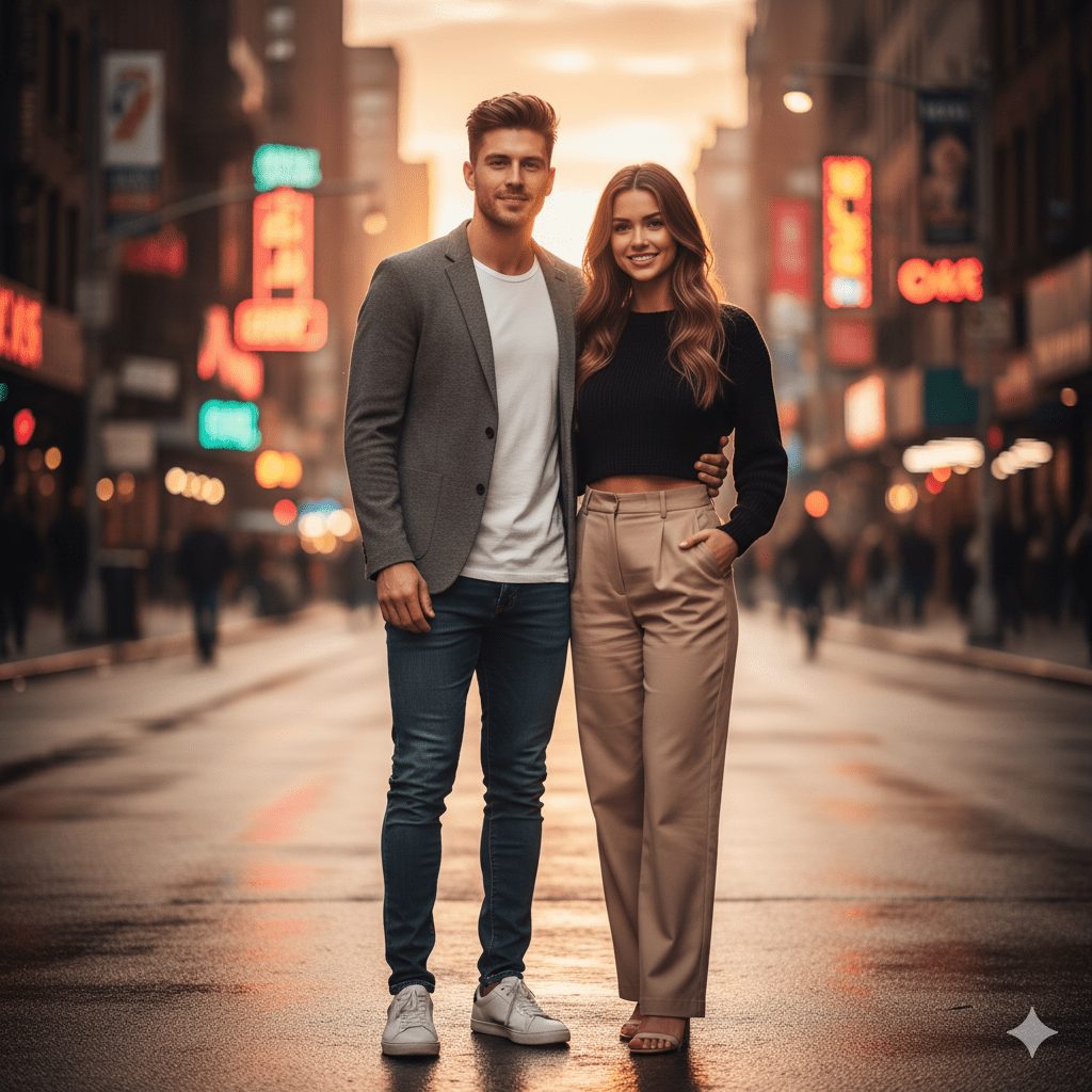 A stylish modern couple stands close together, facing the camera with warm, natural smiles. The man wears a casual blazer and jeans, while the woman is dressed in a chic crop top and high-waist pants. The background features an urban city street bathed in warm sunset light with soft bokeh glow, creating a romantic and classy vibe in ultra-realistic 8K detail.