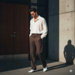 “A tall, slender young man with dark hair wearing an oversized creamy white shirt and high-waisted wide-leg dark trousers walks through a modern urban setting with strong sunlight and shadows, exuding a contemplative, high-fashion editorial mood.”