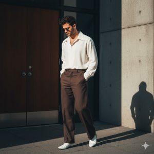 “A tall, slender young man with dark hair wearing an oversized creamy white shirt and high-waisted wide-leg dark trousers walks through a modern urban setting with strong sunlight and shadows, exuding a contemplative, high-fashion editorial mood.”
