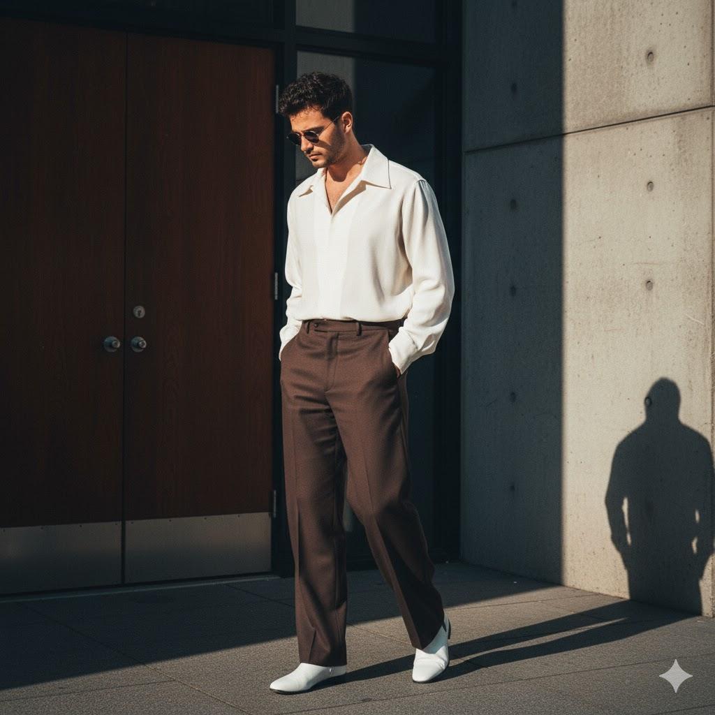 “A tall, slender young man with dark hair wearing an oversized creamy white shirt and high-waisted wide-leg dark trousers walks through a modern urban setting with strong sunlight and shadows, exuding a contemplative, high-fashion editorial mood.”