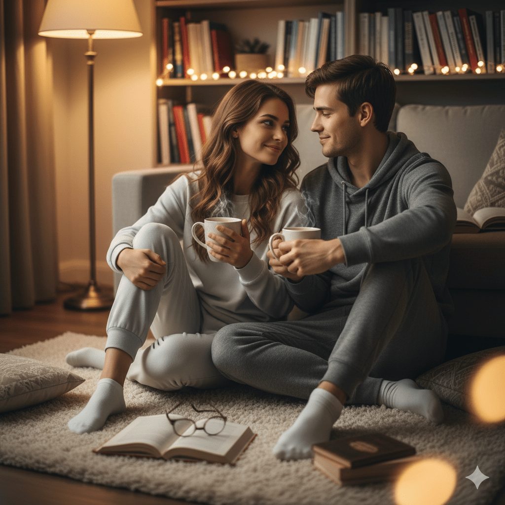 A young couple sitting on the floor of a cozy living room, leaning against each other on a soft rug, surrounded by books. The girl wears comfortable loungewear, the boy a casual hoodie, sharing a warm drink with soft, warm lighting creating a heartwarming, intimate, and realistic bonding moment.
