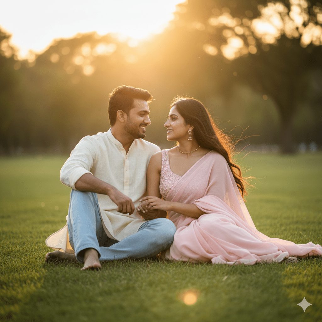“Modern Traditional Indian Couple Sitting on Grass – Romantic Sunset Photoshoot”