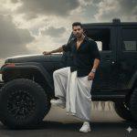 Ultra-realistic high-resolution cinematic poster of a man stepping into a rugged black off-road jeep under dramatic cloudy skies. He has short styled hair, face matching the uploaded reference exactly, wearing a half-sleeve black shirt with rolled-up sleeves, slightly unbuttoned, revealing a beaded chain. He wears a crisp white veshti/dhoti with a silver border, folded in a rugged style. His arm rests on the jeep, dust rises in the background, with faint silhouettes of running people. Dramatic moody lighting with cinematic shadows and depth, emphasizing strength, authority, and ultra-realistic detail.