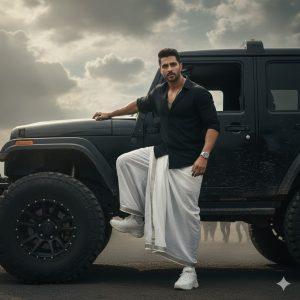 Ultra-realistic high-resolution cinematic poster of a man stepping into a rugged black off-road jeep under dramatic cloudy skies. He has short styled hair, face matching the uploaded reference exactly, wearing a half-sleeve black shirt with rolled-up sleeves, slightly unbuttoned, revealing a beaded chain. He wears a crisp white veshti/dhoti with a silver border, folded in a rugged style. His arm rests on the jeep, dust rises in the background, with faint silhouettes of running people. Dramatic moody lighting with cinematic shadows and depth, emphasizing strength, authority, and ultra-realistic detail.