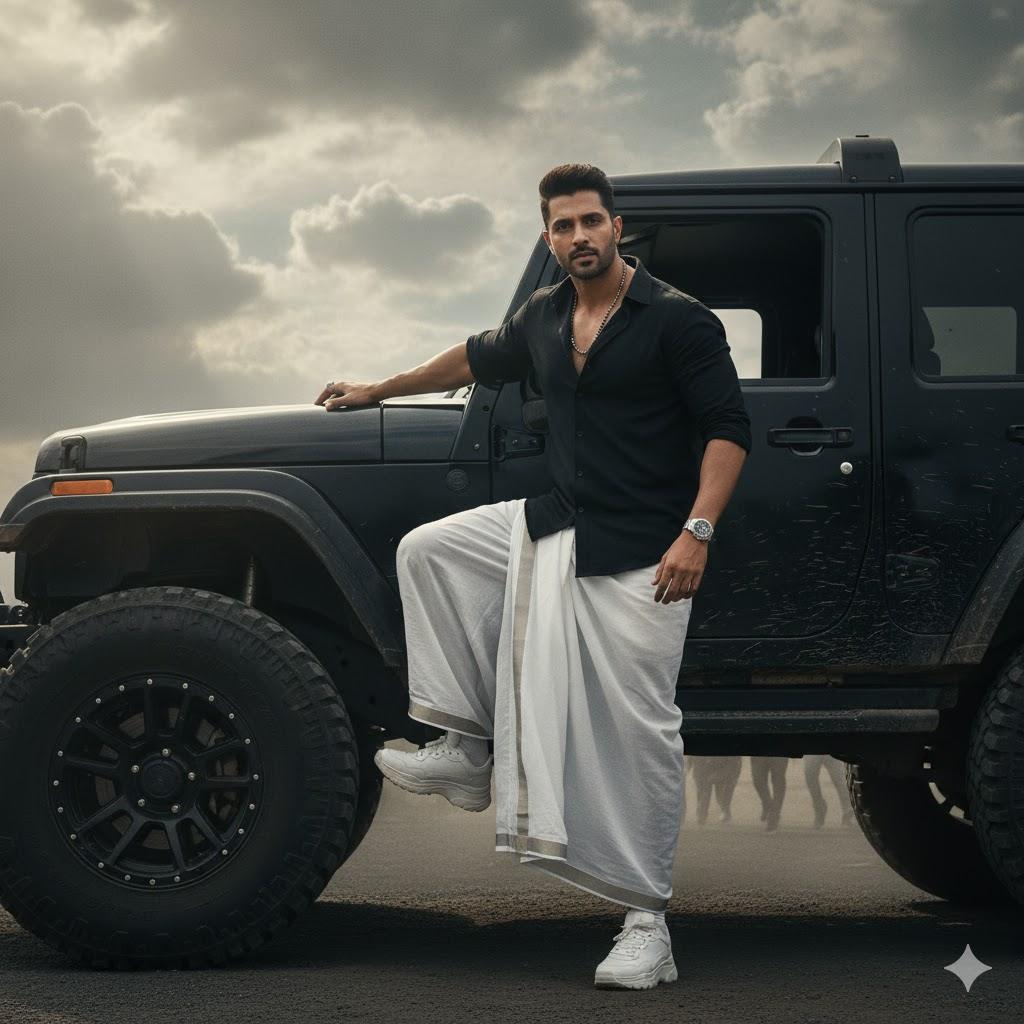 Ultra-realistic high-resolution cinematic poster of a man stepping into a rugged black off-road jeep under dramatic cloudy skies. He has short styled hair, face matching the uploaded reference exactly, wearing a half-sleeve black shirt with rolled-up sleeves, slightly unbuttoned, revealing a beaded chain. He wears a crisp white veshti/dhoti with a silver border, folded in a rugged style. His arm rests on the jeep, dust rises in the background, with faint silhouettes of running people. Dramatic moody lighting with cinematic shadows and depth, emphasizing strength, authority, and ultra-realistic detail.