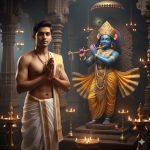 Ultra-realistic 8K photograph of a young Indian man standing with folded hands in prayer before a detailed stone Lord Krishna murti inside a temple. The man wears a white dhoti and golden silk shawl, with warm oil lamps illuminating the murti and casting golden reflections.