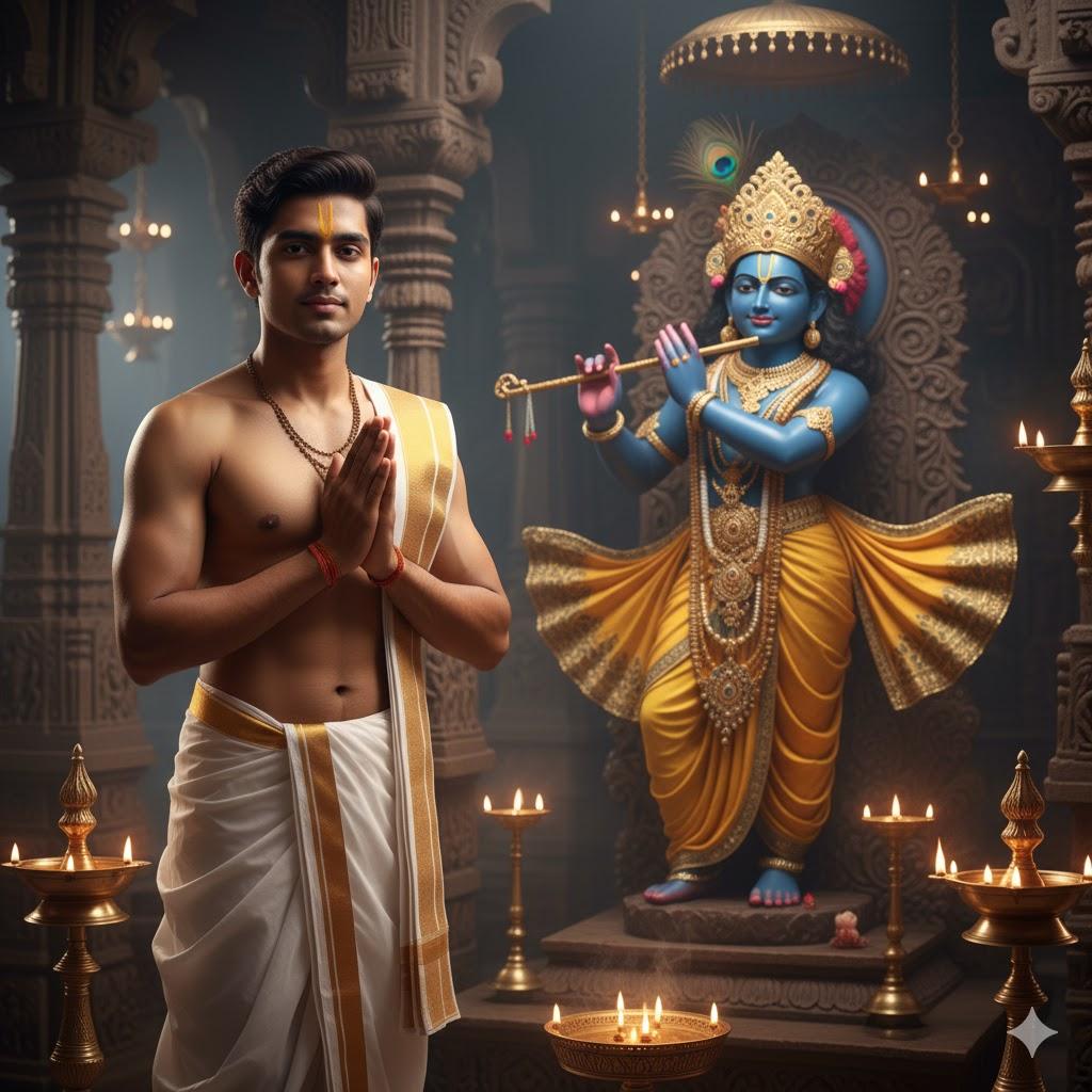 Ultra-realistic 8K photograph of a young Indian man standing with folded hands in prayer before a detailed stone Lord Krishna murti inside a temple. The man wears a white dhoti and golden silk shawl, with warm oil lamps illuminating the murti and casting golden reflections.