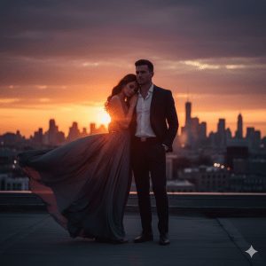 A couple stands on a rooftop during sunset, overlooking a dramatic city skyline. The woman wears a flowing gown billowing in the wind, and the man is dressed in a tailored dark suit with an open collar. They stand close, her head resting on his shoulder, gazing at the horizon under a cinematic sky with vibrant orange and purple hues and a soft lens flare.