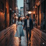 A stylish couple walks hand-in-hand during a modern pre-wedding photoshoot in an urban setting. The woman wears a chic pastel dress, and the man sports a tailored blazer with casual pants. They laugh naturally on a graffiti-adorned street, with city lights and reflections creating a cinematic, high-contrast scene with soft background blur, capturing candid emotions and modern love.