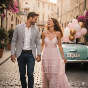 Romantic pre-wedding photoshoot of a young couple holding hands at sunset, with the woman in a flowing pastel dress and the man in casual chic attire, surrounded by warm sunlight and natural scenic beauty.