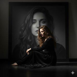 Ultra-realistic 8K cinematic portrait of a woman sitting cross-legged on the floor in a dark studio, wearing a sleek black dress, with a softly illuminated black-and-white portrait of herself in the background. Moody lighting, artistic introspective vibe.