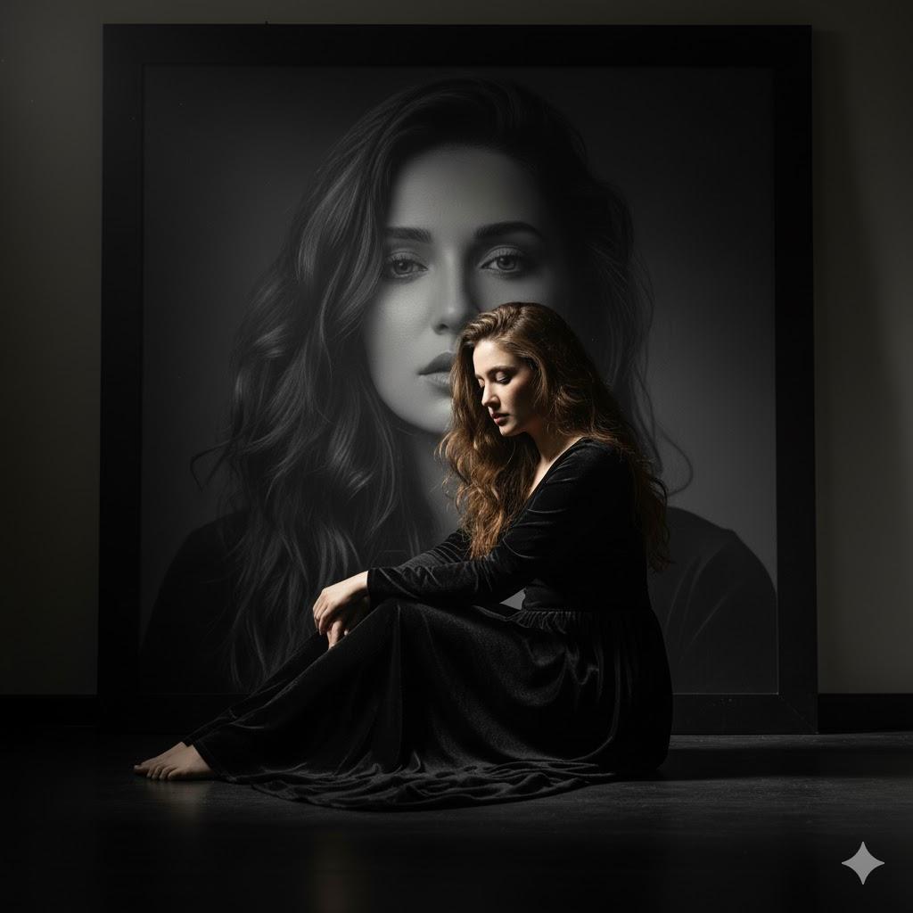 Ultra-realistic 8K cinematic portrait of a woman sitting cross-legged on the floor in a dark studio, wearing a sleek black dress, with a softly illuminated black-and-white portrait of herself in the background. Moody lighting, artistic introspective vibe.