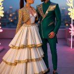Hyper-realistic wedding portrait of a stylish couple in new-age attire, featuring a bride in a structured white and gold gown with lehenga-inspired layers and a chic embroidered jacket, paired with geometric diamond earrings and a sleek low ponytail. The groom wears a modern asymmetrical emerald green sherwani-jacket with metallic accents, slim trousers, and designer loafers. They stand on a rooftop venue with neon floral installations and LED arches, against a cinematic city skyline at twilight with glowing lights and soft bokeh.