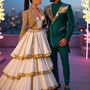 Hyper-realistic wedding portrait of a stylish couple in new-age attire, featuring a bride in a structured white and gold gown with lehenga-inspired layers and a chic embroidered jacket, paired with geometric diamond earrings and a sleek low ponytail. The groom wears a modern asymmetrical emerald green sherwani-jacket with metallic accents, slim trousers, and designer loafers. They stand on a rooftop venue with neon floral installations and LED arches, against a cinematic city skyline at twilight with glowing lights and soft bokeh.