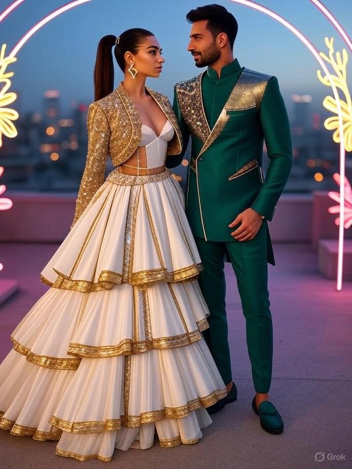 Hyper-realistic wedding portrait of a stylish couple in new-age attire, featuring a bride in a structured white and gold gown with lehenga-inspired layers and a chic embroidered jacket, paired with geometric diamond earrings and a sleek low ponytail. The groom wears a modern asymmetrical emerald green sherwani-jacket with metallic accents, slim trousers, and designer loafers. They stand on a rooftop venue with neon floral installations and LED arches, against a cinematic city skyline at twilight with glowing lights and soft bokeh.
