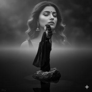 Artistic monochrome cinematic portrait of an elegant Indian woman wearing a flowing black saree, standing gracefully on a rock surrounded by still water. Her back is slightly turned, revealing her soft curls and poised silhouette, with a dreamy overlay of her serene face in the background. Fine-art emotional photography, high contrast, natural lighting.