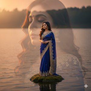 Ultra-realistic 12K cinematic portrait of an elegant Indian woman wearing a deep royal blue saree with golden embroidery, standing on a small rock in a serene lake during golden hour. Her hair flows gently in the breeze as sunlight reflects off the water. A softly blended overlay of her peaceful face appears in the background, creating an emotional fine-art double exposure effect with warm cinematic lighting.
