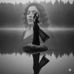 Ultra-realistic monochrome cinematic portrait of an elegant Indian woman wearing a flowing black saree, standing gracefully on a rock surrounded by calm reflective water. Her back is turned halfway toward the camera, soft curls moving with the breeze, with a faint overlay of her serene face in the misty background. Gentle natural light, high-contrast fine-art style, evoking timeless elegance and introspection.