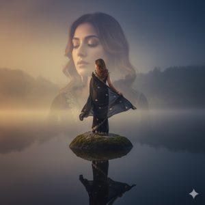 Ultra-realistic cinematic portrait of an elegant Indian woman wearing a flowing black saree, standing gracefully on a rock surrounded by calm reflective water. Her back is slightly turned, soft brown curls glowing under muted golden evening light. A dreamy overlay of her serene face with closed eyes appears in the misty background, blending with warm and cool tones of the horizon. Poetic, emotional, fine-art composition with cinematic lighting and natural reflections.