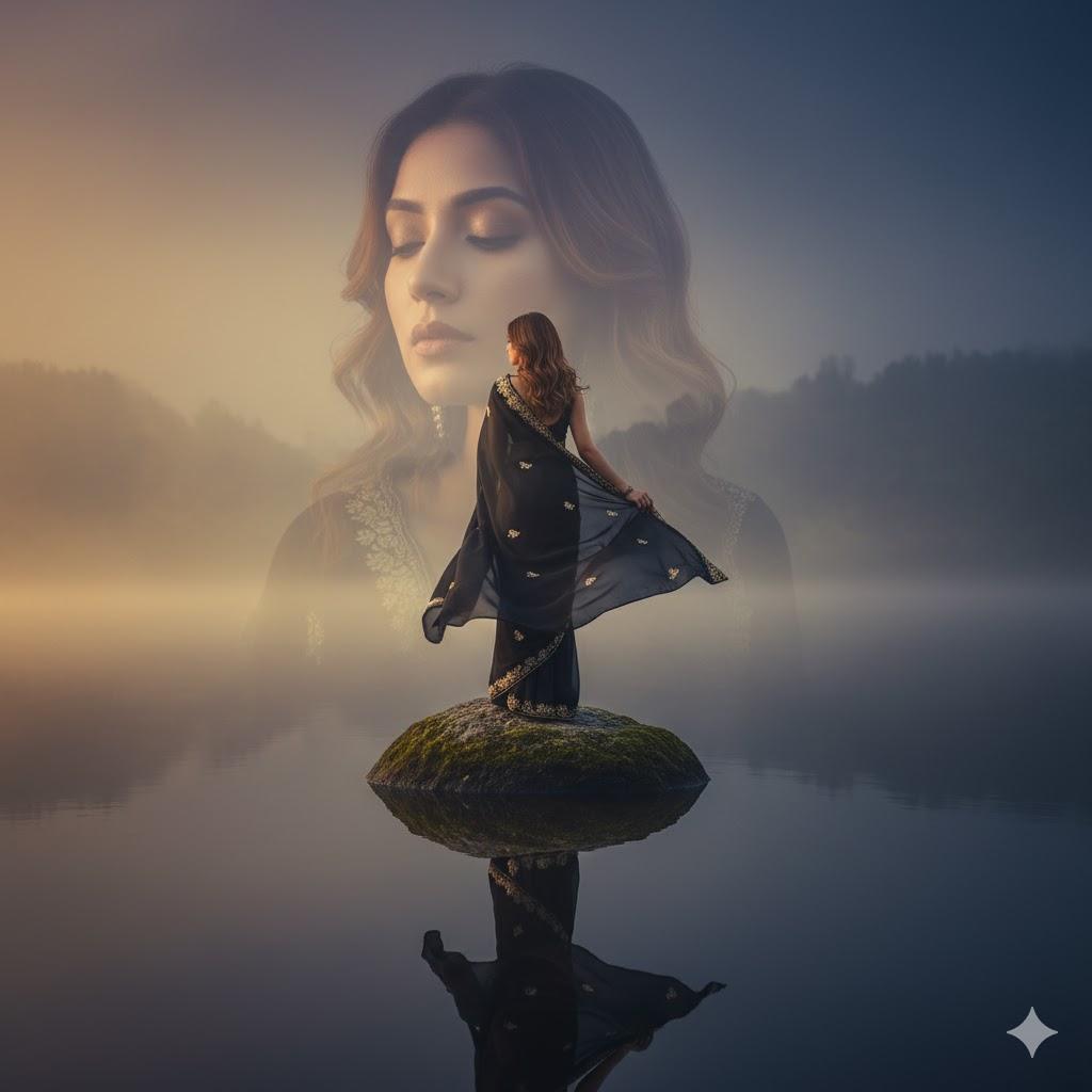Ultra-realistic cinematic portrait of an elegant Indian woman wearing a flowing black saree, standing gracefully on a rock surrounded by calm reflective water. Her back is slightly turned, soft brown curls glowing under muted golden evening light. A dreamy overlay of her serene face with closed eyes appears in the misty background, blending with warm and cool tones of the horizon. Poetic, emotional, fine-art composition with cinematic lighting and natural reflections.