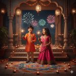 Two adorable children, a young boy and girl, dressed in vibrant traditional outfits, joyfully celebrating Diwali in front of their home. Surrounded by glowing diyas, colorful hanging lanterns, and an intricate rangoli, they hold sparklers with giggles, as faint fireworks light up the night sky. The scene is ultra-detailed with cinematic soft warm lighting, capturing festive innocence.