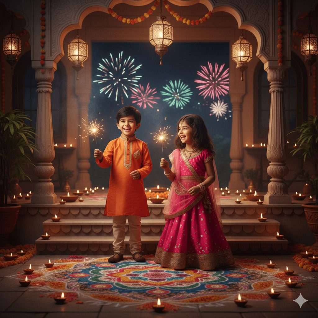 Two adorable children, a young boy and girl, dressed in vibrant traditional outfits, joyfully celebrating Diwali in front of their home. Surrounded by glowing diyas, colorful hanging lanterns, and an intricate rangoli, they hold sparklers with giggles, as faint fireworks light up the night sky. The scene is ultra-detailed with cinematic soft warm lighting, capturing festive innocence.