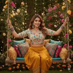 A fashionable Indian girl wearing a vibrant crop top and embroidered dhoti pants, accessorized with ethnic bangles and jhumkas, sitting on a rustic swing adorned with colorful cushions, surrounded by blooming flowers and soft fairy lights, blending bohemian and traditional Indian aesthetics.