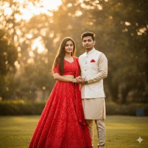 “Young couple in pre-wedding photoshoot, girl in bright red choli and lehenga, boy in off-white kurta, standing side by side holding hands, sunlit garden background with dreamy bokeh and warm lighting, full-body portrait capturing natural chemistry and romantic emotions.”