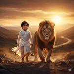 8K cinematic portrait of a baby boy wearing a white traditional outfit, standing on rocky ground during golden sunset. A majestic lion walks beside him, both bathed in warm sunlight, with a soft breeze gently lifting the boy’s dhoti — creating a serene, divine, and natural harmony.