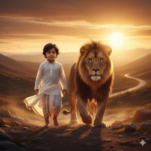8K cinematic portrait of a baby boy wearing a white traditional outfit, standing on rocky ground during golden sunset. A majestic lion walks beside him, both bathed in warm sunlight, with a soft breeze gently lifting the boy’s dhoti — creating a serene, divine, and natural harmony.