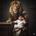 Handsome baby boy with intense eyes and thoughtful expression, wearing a white shirt and white-border dhoti, seated on a wooden chair with crossed legs at a wooden table. A majestic lion stands behind him against a dark artistic background, symbolizing confidence and strength.