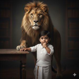 Handsome baby boy with intense eyes and calm confidence, dressed in a white shirt, white-bordered dhoti, and black leather sandals. He stands beside a wooden table, one hand resting on it and the other near his chin in a thoughtful pose. Behind him stands a majestic lion under soft cinematic lighting against a dark moody background — symbolizing strength and courage.