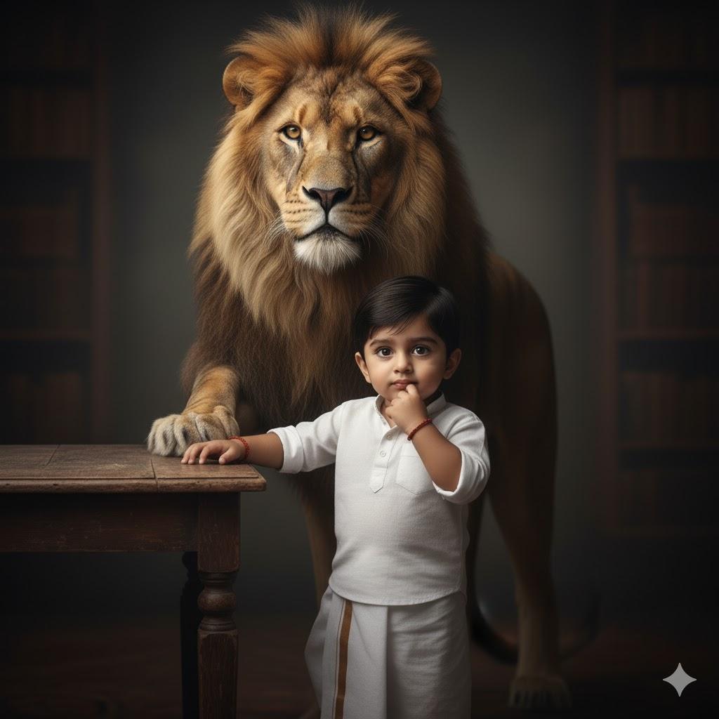 Handsome baby boy with intense eyes and calm confidence, dressed in a white shirt, white-bordered dhoti, and black leather sandals. He stands beside a wooden table, one hand resting on it and the other near his chin in a thoughtful pose. Behind him stands a majestic lion under soft cinematic lighting against a dark moody background — symbolizing strength and courage.