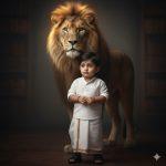 Handsome baby boy with intense eyes and royal confidence, wearing a white shirt, white-bordered dhoti, and black leather sandals. He stands tall with both hands folded in front, calm and poised, gazing slightly to the side. Behind him, a majestic lion glows softly under cinematic lighting against a dark textured background and wooden floor — symbolizing courage, strength, and grace.