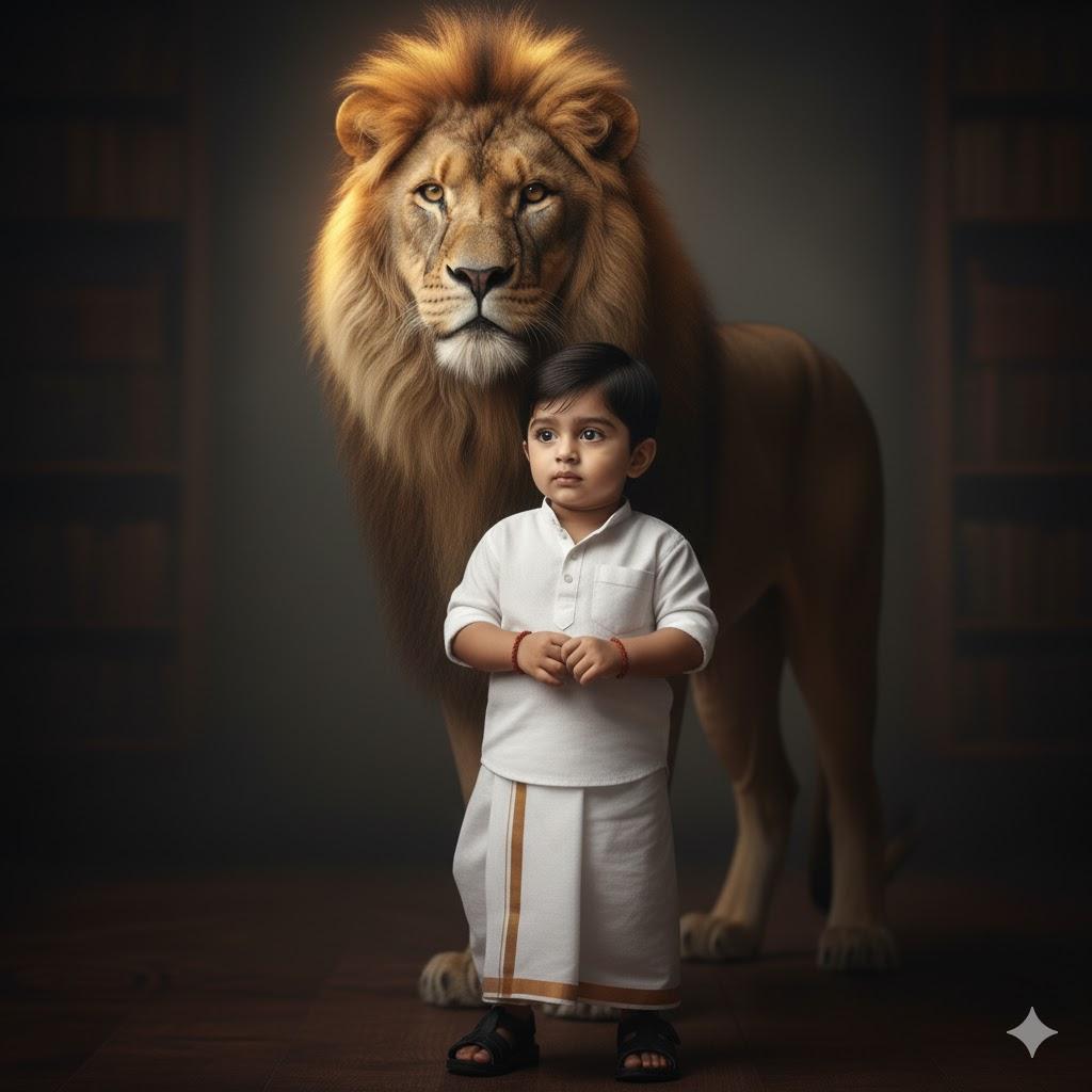 Handsome baby boy with intense eyes and royal confidence, wearing a white shirt, white-bordered dhoti, and black leather sandals. He stands tall with both hands folded in front, calm and poised, gazing slightly to the side. Behind him, a majestic lion glows softly under cinematic lighting against a dark textured background and wooden floor — symbolizing courage, strength, and grace.