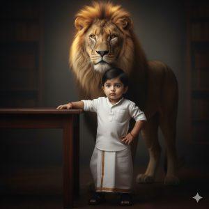 Stylish young baby boy wearing a white shirt and white-bordered dhoti, standing beside a wooden table with one hand resting on the edge and the other near his waist. He looks straight into the camera with an intense, confident expression. Behind him, a majestic lion stares boldly forward under warm cinematic lighting and a dark moody background, symbolizing strength and courage.