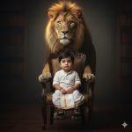 Handsome baby boy with expressive eyes, seated comfortably on a wooden chair with both hands resting on his knees. He gazes slightly upward with a calm, wise expression, dressed in a white shirt, white-bordered dhoti, and black sandals. Behind him, a majestic lion stands proudly under soft golden lighting, set against a realistic cinematic 8K portrait background.