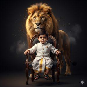 Ultra-realistic 8K cinematic portrait of a handsome baby boy with intense eyes, wearing a white shirt and white-bordered dhoti, seated on a wooden chair. The composition glows in elegant gold and black tones, with golden rim lighting highlighting his figure. A majestic lion with a glowing golden mane stands behind him amid soft smoke and spark effects, creating a luxurious, cinematic Instagram-style aesthetic.