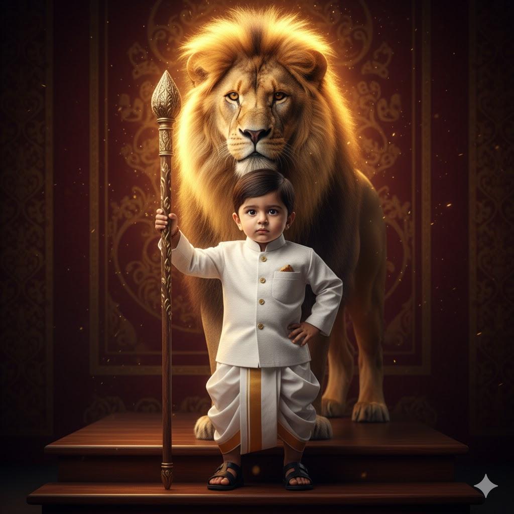 Ultra-realistic cinematic portrait of a handsome baby boy wearing a white shirt, white-bordered dhoti, and black sandals, standing on a step while holding a wooden staff. A majestic lion with a glowing golden mane stands behind him. The background features deep maroon and gold tones with royal lighting and a soft particle glow, creating a luxurious and regal Instagram-style aesthetic.