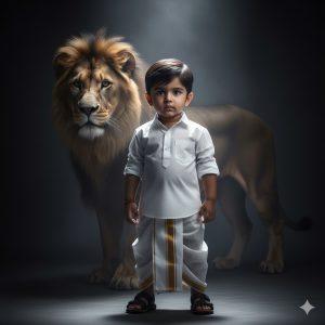 Ultra-realistic 8K cinematic portrait of a handsome baby boy with expressive eyes, wearing a white shirt and white-bordered dhoti, standing confidently in a dark studio illuminated by a soft silver backlight. A lion stands behind him in gentle shadow against a charcoal background with spotlight glow, creating a luxury magazine-style cinematic aesthetic.